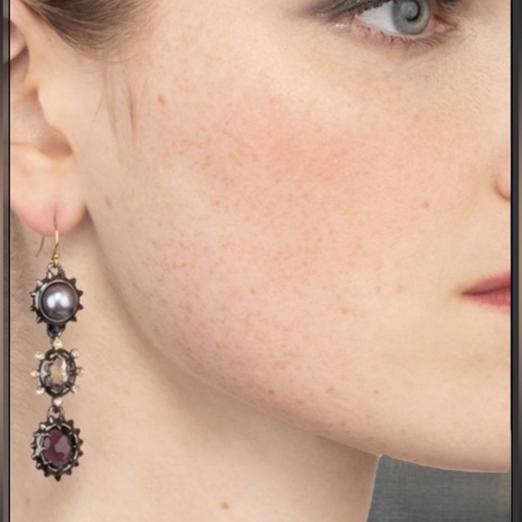 ALEXIS BITTAR • NEW Gold Gunmetal Pearl Stone 3 Stone Drop Spiked Earrings - Picture 11 of 11